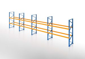 Palettenregal, Einfachregal, 3 Lagerebenen, H5000xB10425xT1100 mm, Fachlast 3800 kg, 33 Palettenplätze, Rahmen blau, Traverse orange
