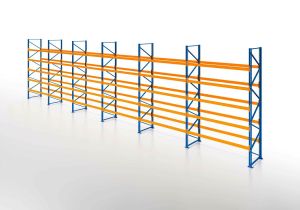 Palettenregal, Einfachregal, 6 Lagerebenen, H7000xB16900xT1100 mm, Fachlast 3000 kg, 108 Palettenplätze, Rahmen blau, Traverse orange