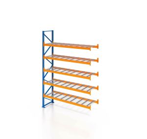 Palettenregal, Anbauregal mit Drahtgitterboden, 6 Lagerebenen, H7000xB3600xT1100 mm, Fachlast 4700 kg, 24 Palettenplätze, Rahmen blau, Traverse orange