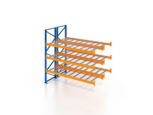 Palettenregal, Doppelregal, Anbauregal mit Drahtgitterboden, 4 Lagerebenen, H2500xB3600xT2x1100 mm, Fachlast 4700 kg, 32 Palettenplätze, Rahmen blau, Traverse orange