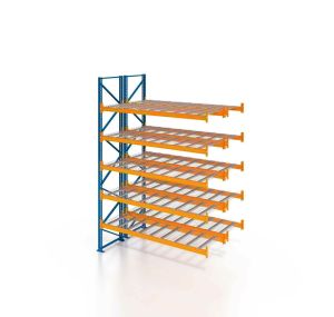 Palettenregal, Doppelregal, Anbauregal mit Drahtgitterboden, 6 Lagerebenen, H4000xB3600xT2x1100 mm, Fachlast 4700 kg, 48 Palettenplätze, Rahmen blau, Traverse orange