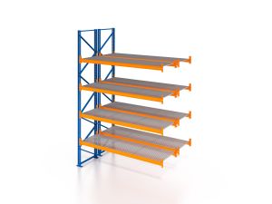 Palettenregal, Doppelregal, Anbauregal mit Gitterrost 1000 kg/m² Traglast, 5 Lagerebenen, H3000xB3600xT2x1100 mm, Fachlast 3000 kg, 40 Palettenplätze, Rahmen blau, Traverse orange