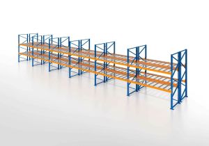 Palettenregal, Doppelregal mit Drahtgitterboden, 3 Lagerebenen, H2500xB16900xT2x1100 mm, Fachlast 3800 kg, 108 Palettenplätze, Rahmen blau, Traverse orange