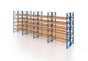 Palettenregal, Doppelregal mit Drahtgitterboden, 6 Lagerebenen, H5500xB10425xT2x1100 mm, Fachlast 3000 kg, 132 Palettenplätze, Rahmen blau, Traverse orange