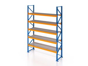 Palettenregal, Einfachregal mit Gitterrostboden 500 kg/m² Traglast, 6 Lagerebenen, H5000xB1825xT1100 mm, Fachlast 3000 kg, 12 Palettenplätze, Rahmen blau, Traverse orange