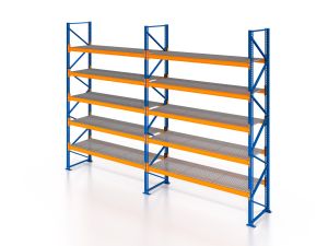 Palettenregal, Einfachregal mit Gitterrostboden 750 kg/m² Traglast, 6 Lagerebenen, H3500xB4825xT1100 mm, Fachlast 3000 kg, 30 Palettenplätze, Rahmen blau, Traverse orange