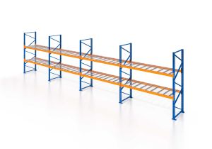 Palettenregal, Einfachregal mit Drahtgitterboden, 3 Lagerebenen, H5000xB9550xT1100 mm, Fachlast 3800 kg, 30 Palettenplätze, Rahmen blau, Traverse orange