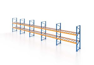 Palettenregal, Einfachregal mit Drahtgitterboden, 3 Lagerebenen, H6000xB12350xT1100 mm, Fachlast 3800 kg, 39 Palettenplätze, Rahmen blau, Traverse orange