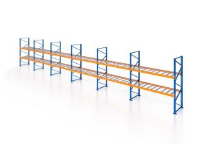 Palettenregal, Einfachregal mit Drahtgitterboden, 3 Lagerebenen, H3000xB16900xT1100 mm, Fachlast 3000 kg, 54 Palettenplätze, Rahmen capriblau - RAL 5019, Traverse hellorange - RAL 2008