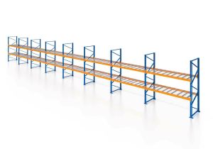 Palettenregal, Einfachregal mit Drahtgitterboden, 3 Lagerebenen, H5000xB22500xT1100 mm, Fachlast 3000 kg, 72 Palettenplätze, Rahmen blau, Traverse orange