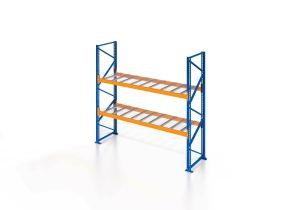 Palettenregal, Einfachregal mit Drahtgitterboden, 3 Lagerebenen, H2500xB1825xT1100 mm, Fachlast 3800 kg, 6 Palettenplätze, Rahmen blau, Traverse orange