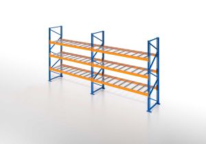 Palettenregal, Komplettregal mit Drahtgitterboden, 5 Lagerebenen, H3000xB6600xT1100 mm, Fachlast 3800 kg, 35 Palettenplätze, Rahmen blau, Traverse orange