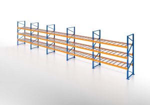 Palettenregal, Einfachregal mit Drahtgitterboden, 4 Lagerebenen, H3000xB13225xT1100 mm, Fachlast 3000 kg, 56 Palettenplätze, Rahmen capriblau - RAL 5019, Traverse hellorange - RAL 2008