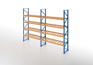 Palettenregal, Einfachregal mit Drahtgitterboden, 5 Lagerebenen, H5500xB3950xT1100 mm, Fachlast 3800 kg, 20 Palettenplätze, Rahmen blau, Traverse orange