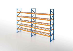 Palettenregal, Einfachregal mit Drahtgitterboden, 6 Lagerebenen, H5000xB4825xT1100 mm, Fachlast 3000 kg, 30 Palettenplätze, Rahmen blau, Traverse orange