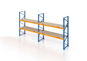 Palettenregal, Einfachregal mit Spanplatten, 3 Lagerebenen, H5000xB3950xT1100 mm, Fachlast 3800 kg, 12 Palettenplätze, Rahmen blau, Traverse orange