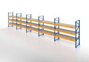 Palettenregal, Einfachregal mit Spanplatten, 4 Lagerebenen, H5000xB13225xT1100 mm, Fachlast 3000 kg, 56 Palettenplätze, Rahmen capriblau - RAL 5019, Traverse hellorange - RAL 2008