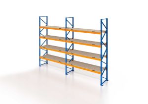 Palettenregal, Einfachregal mit Spanplatten, 5 Lagerebenen, H4500xB3950xT1100 mm, Fachlast 3800 kg, 20 Palettenplätze, Rahmen blau, Traverse orange