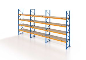 Palettenregal, Einfachregal mit Spanplatten, 5 Lagerebenen, H5000xB8500xT1100 mm, Fachlast 3800 kg, 45 Palettenplätze, Rahmen blau, Traverse orange