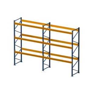 Palettenregal, Einfachregal mit Spanplatten, 4 Lagerebenen, H7500xB10425xT1100 mm, Fachlast 3000 kg, 33 Palettenplätze, Rahmen blau, Traverse orange