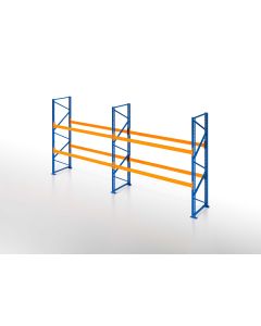 Palettenregal, Einfachregal, 3 Lagerebenen, H5000xB4825xT1100 mm, Fachlast 3000 kg, 15 Palettenplätze, Rahmen blau, Traverse orange