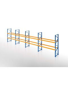 Palettenregal, Einfachregal, 3 Lagerebenen, H5000xB10425xT1100 mm, Fachlast 3800 kg, 33 Palettenplätze, Rahmen blau, Traverse orange