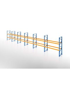 Palettenregal, Einfachregal, 3 Lagerebenen, H5000xB16900xT1100 mm, Fachlast 3800 kg, 54 Palettenplätze, Rahmen blau, Traverse orange