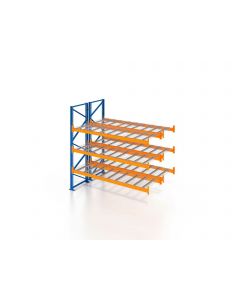 Palettenregal, Doppelregal, Anbauregal mit Drahtgitterboden, 4 Lagerebenen, H5000xB1825xT2x1100 mm, Fachlast 3000 kg, 16 Palettenplätze, Rahmen blau, Traverse orange