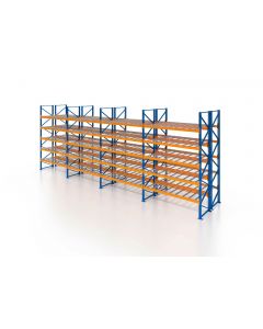 Palettenregal, Doppelregal mit Drahtgitterboden, 6 Lagerebenen, H3500xB9550xT2x1100 mm, Fachlast 3800 kg, 120 Palettenplätze, Rahmen blau, Traverse orange