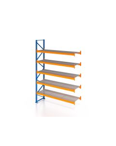 Palettenregal, Anbauregal mit Gitterrost 750 kg/m² Traglast, 6 Lagerebenen, H7000xB1825xT1100 mm, Fachlast 3000 kg, 12 Palettenplätze, Rahmen blau, Traverse orange