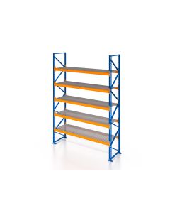 Palettenregal, Einfachregal mit Gitterrostboden 500 kg/m² Traglast, 6 Lagerebenen, H4000xB1825xT1100 mm, Fachlast 3000 kg, 12 Palettenplätze, Rahmen blau, Traverse orange