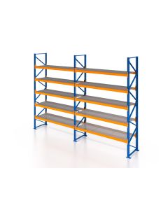 Palettenregal, Einfachregal mit Gitterrostboden 750 kg/m² Traglast, 6 Lagerebenen, H6500xB4825xT1100 mm, Fachlast 3000 kg, 30 Palettenplätze, Rahmen blau, Traverse orange