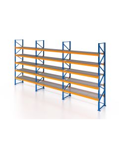 Palettenregal, Einfachregal mit Gitterrostboden 500 kg/m² Traglast, 6 Lagerebenen, H5000xB8500xT1100 mm, Fachlast 3800 kg, 54 Palettenplätze, Rahmen blau, Traverse orange