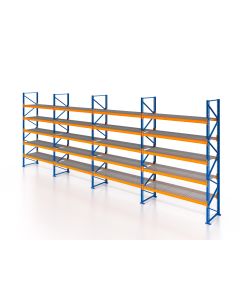 Palettenregal, Einfachregal mit Gitterrostboden 750 kg/m² Traglast, 6 Lagerebenen, H7000xB9550xT1100 mm, Fachlast 3000 kg, 60 Palettenplätze, Rahmen blau, Traverse orange