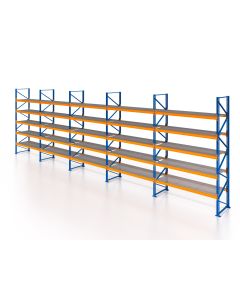 Palettenregal, Einfachregal mit Gitterrostboden 500 kg/m² Traglast, 6 Lagerebenen, H5000xB13225xT1100 mm, Fachlast 3800 kg, 84 Palettenplätze, Rahmen blau, Traverse orange