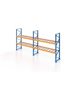 Palettenregal, Einfachregal mit Drahtgitterboden, 3 Lagerebenen, H5000xB3950xT1100 mm, Fachlast 3000 kg, 12 Palettenplätze, Rahmen blau, Traverse orange