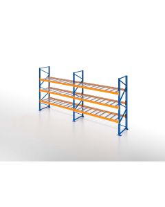 Palettenregal, Komplettregal mit Drahtgitterboden, 5 Lagerebenen, H3000xB6600xT1100 mm, Fachlast 3800 kg, 35 Palettenplätze, Rahmen blau, Traverse orange