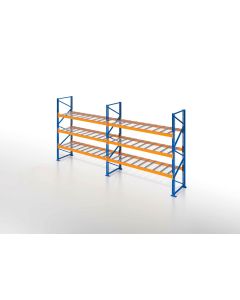 Palettenregal, Einfachregal mit Drahtgitterboden, 4 Lagerebenen, H2500xB6600xT1100 mm, Fachlast 3800 kg, 28 Palettenplätze, Rahmen blau, Traverse orange