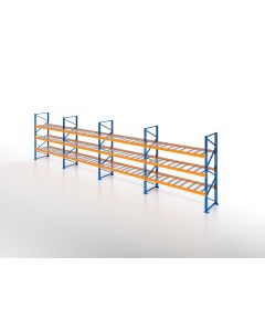 Palettenregal, Einfachregal mit Drahtgitterboden, 4 Lagerebenen, H6000xB11300xT1100 mm, Fachlast 3800 kg, 48 Palettenplätze, Rahmen blau, Traverse orange