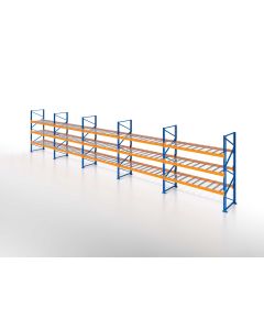 Palettenregal, Einfachregal mit Drahtgitterboden, 4 Lagerebenen, H6000xB14100xT1100 mm, Fachlast 3800 kg, 60 Palettenplätze, Rahmen blau, Traverse orange