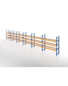 Palettenregal, Einfachregal mit Drahtgitterboden, 4 Lagerebenen, H6000xB16900xT1100 mm, Fachlast 3000 kg, 72 Palettenplätze, Rahmen blau, Traverse orange