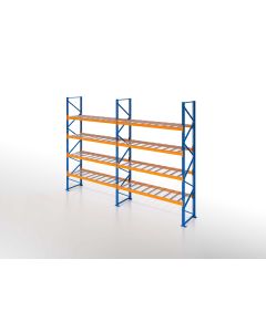 Palettenregal, Einfachregal mit Drahtgitterboden, 5 Lagerebenen, H3500xB4825xT1100 mm, Fachlast 3800 kg, 25 Palettenplätze, Rahmen blau, Traverse orange