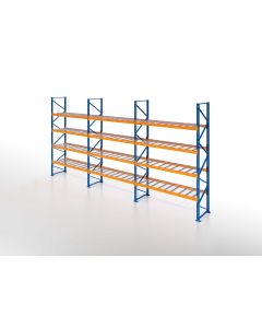 Palettenregal, Einfachregal mit Drahtgitterboden, 5 Lagerebenen, H3000xB8500xT1100 mm, Fachlast 3800 kg, 45 Palettenplätze, Rahmen blau, Traverse orange