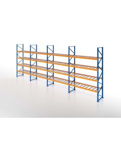 Palettenregal, Einfachregal mit Drahtgitterboden, 5 Lagerebenen, H5500xB9550xT1100 mm, Fachlast 3800 kg, 50 Palettenplätze, Rahmen blau, Traverse orange