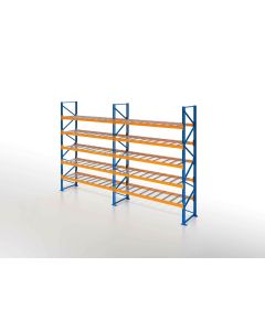 Palettenregal, Einfachregal mit Drahtgitterboden, 6 Lagerebenen, H5500xB5700xT1100 mm, Fachlast 3000 kg, 36 Palettenplätze, Rahmen blau, Traverse orange