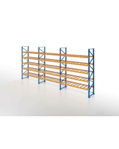 Palettenregal, Einfachregal mit Drahtgitterboden, 6 Lagerebenen, H5000xB8500xT1100 mm, Fachlast 3000 kg, 54 Palettenplätze, Rahmen blau, Traverse orange