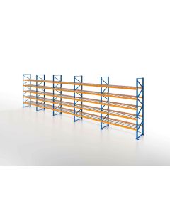 Palettenregal, Einfachregal mit Drahtgitterboden, 6 Lagerebenen, H5000xB13225xT1100 mm, Fachlast 3800 kg, 84 Palettenplätze, Rahmen blau, Traverse orange