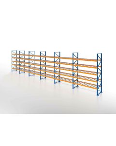 Palettenregal, Einfachregal mit Drahtgitterboden, 6 Lagerebenen, H5000xB16900xT1100 mm, Fachlast 3800 kg, 108 Palettenplätze, Rahmen blau, Traverse orange