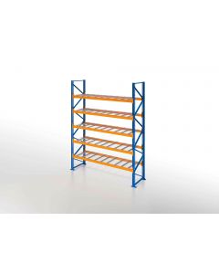 Palettenregal, Einfachregal mit Drahtgitterboden, 6 Lagerebenen, H3500xB1825xT1100 mm, Fachlast 3800 kg, 12 Palettenplätze, Rahmen blau, Traverse orange