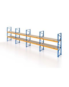 Palettenregal, Einfachregal mit Spanplatten, 3 Lagerebenen, H4500xB11300xT1100 mm, Fachlast 3800 kg, 36 Palettenplätze, Rahmen blau, Traverse orange